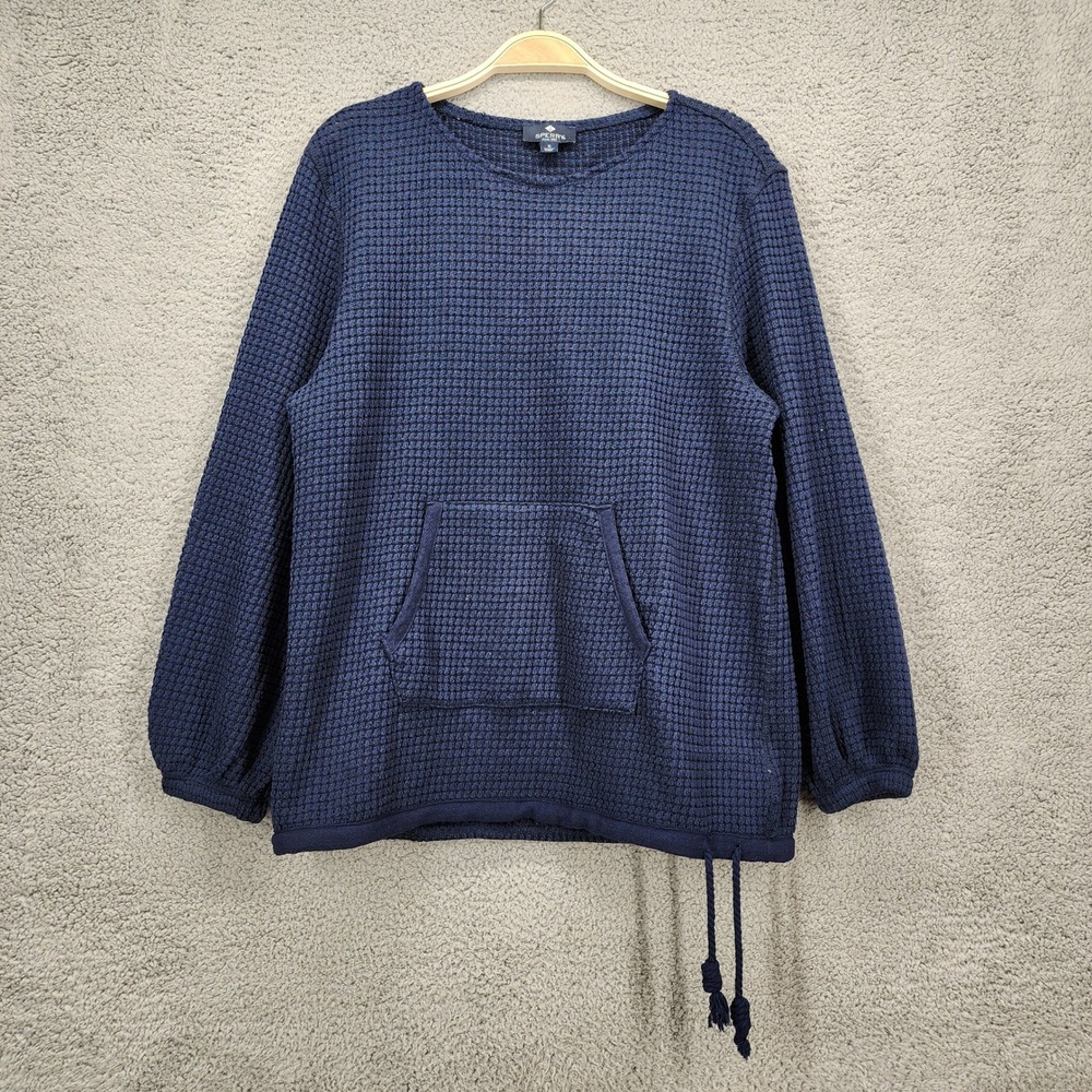 Sperry Womens Navy Blue Waffle Knit Pullover Kangaroo Pocket Drawstring Hem S